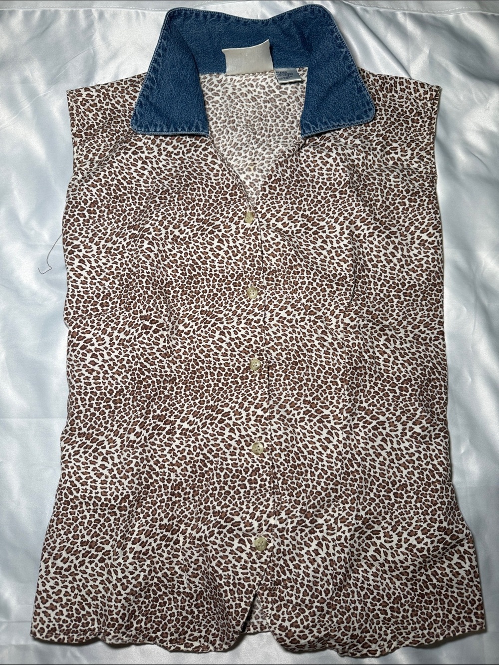 bill blass Brown and White Leopard Print Muscle Tee with Blue Collar